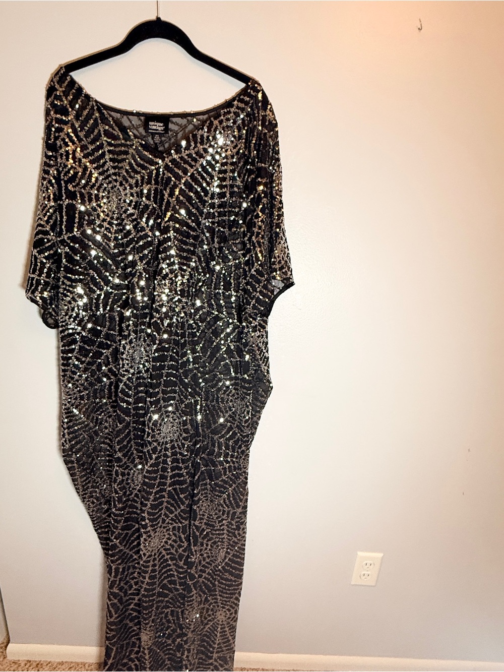 Unique Vintage Black Spider Web Sequin Caftan One Size Plus